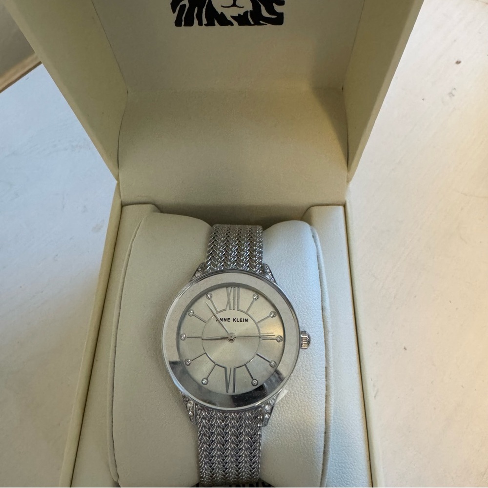 New Sterling Silver Premium Crystal Mesh Bracelet Watch Women’s Anne Klein - Picture 2 of 7